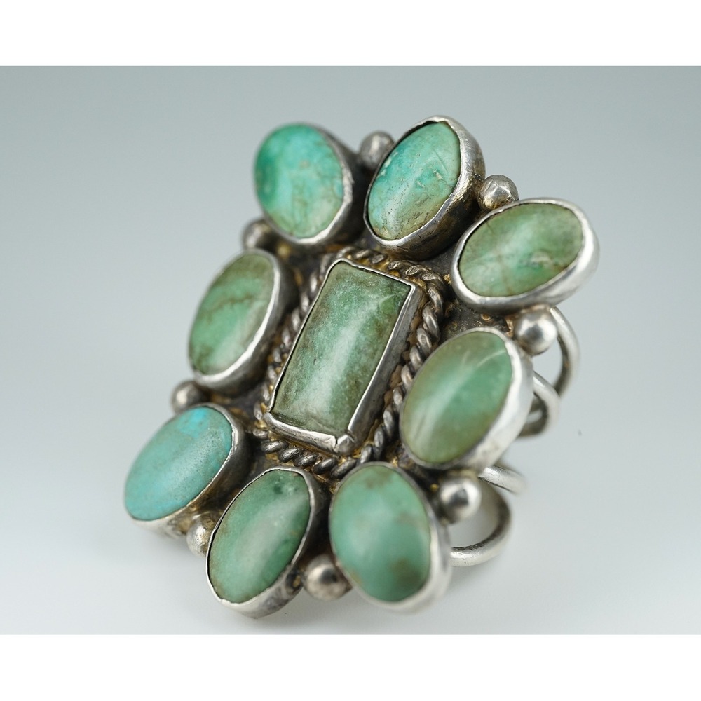 Men's Navajo Sterling Silver Cluster Natural‎ Green Turqiouse Ring - Size 7.75